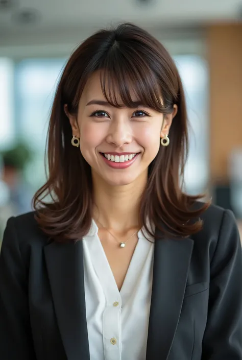Neat Young Woman、looking at camera、office lady suit、Jacket、shirt、 Ear piercings、necklace、濃いアイシャドゥ、歯を見せた笑顔、、background is office
