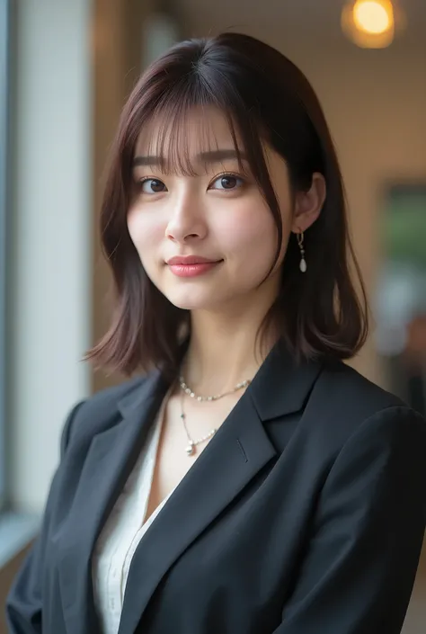 Neat Young Woman、and look at the camera、office lady suit、jacket、shirt、necklace、ear piercing、口を閉じた笑顔、背景はオフィス
