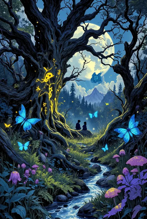 An unearthly fantastic magical forest bathed in moonlight. Silhouettes of ancient gnarled oaks with golden glowing runes carved on them, against the background of a mother-of-pearl full moon. Giant emerald carved ferns. Impenetrable thickets of tall silver...