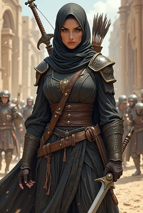 A fierce and captivating anime cartoon hijabi warrior in her 30s, with a flawless sexy hourglass figure with big breasts, stands boldly at the heart of the battlefield. She is clad in a long, black warrior-style abaya adorned with intricate battle-ready designs. Her head is fully covered with an Emirati-styled hijab, enhancing her commanding presence. A double-edged sword hangs at her waist, while a quiver of arrows is slung across her back. In her right hand, she grips a finely crafted, battle-designed bow. Completing her powerful ensemble are rugged warrior gloves and sturdy combat boots. She gazes directly at the camera with smoldering intensity and a fierce, unyielding expression.
