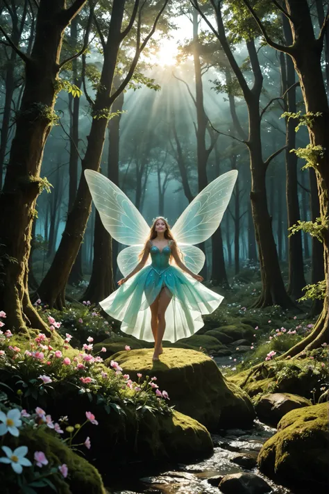 ((Large-scale depictions of fairies, facing forward: 1.3, beautiful, clear-cut eyes, long hair)), A mysterious forest shrouded in deep mist, fairy girls dancing in the air, soft moonlight shining through ancient trees, elegant fairy girls gathered on a mos...