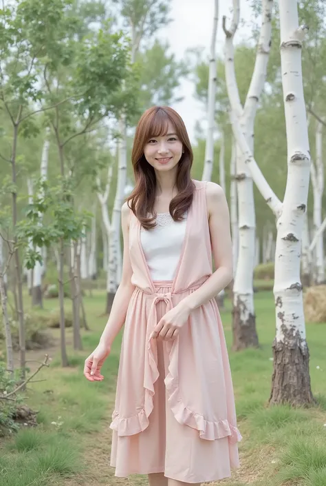 Create a realistic photograph of a beautiful Japanese female idol portrait. She should have a slender body, small bust, and thin legs, with medium-length hair. The outfit should reflect a fresh and elegant early summer coordination. The setting is a gravur...