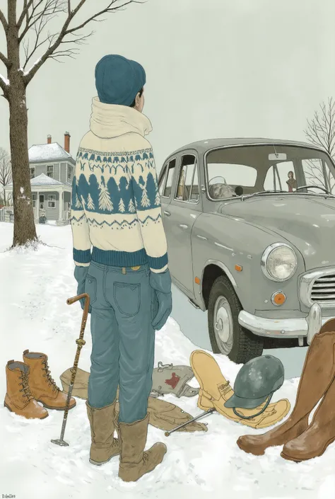 the person standing in front of a classic car, vintage wooden skis and poles. The winter vibe is clearly visible from the snowy ground and cozy winter attire, enhance the muted tones of。, Blue gloves, with a curved design. and the person's clothes are、sugg...
