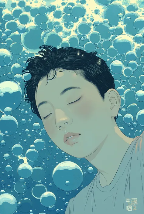 There's a boy in the water with lots of bubbles, Gu Wei-zhi-style work, REALISTIC DIGITAL ART, Shinkai Makoto Cyril Roland, exquisite digital illustration, beautiful digital artwork, beautiful digital illustration, beautiful digital illustration, Inspired ...