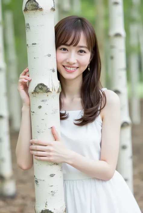 Create a realistic photograph of a beautiful Japanese female idol portrait. She should have a slender body, small bust, and thin legs, with medium-length hair. The outfit should reflect a fresh and elegant early summer coordination. The scene is a gravure ...