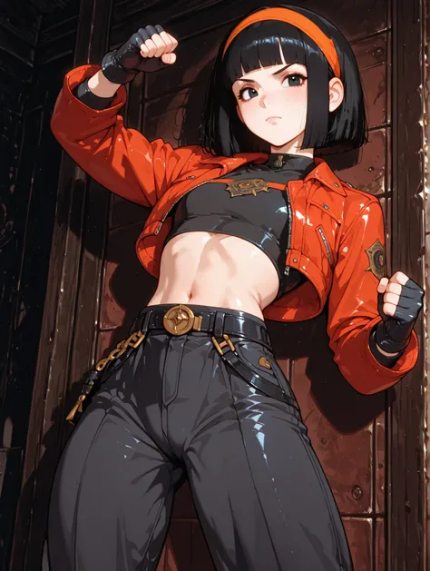 One girl、masterpiece、top quality、uncensored、32k、masterpiece、full five fingers, pan xeno, short hair, bangs, black hair, gloves, navel, jacket, hairband, open clothes, black gloves, midriff, belt, pants, blunt bangs, black eyes, crop top, black shirt, red j...