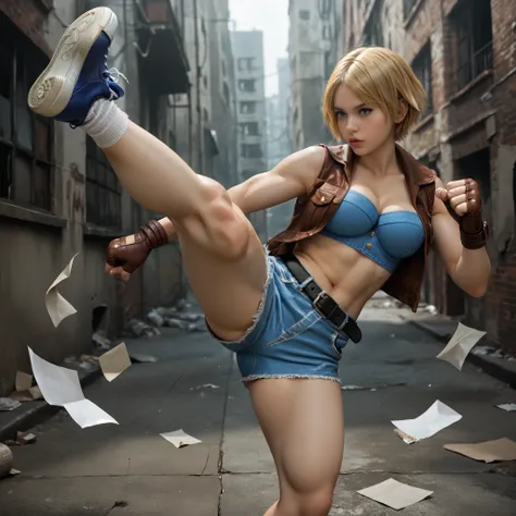 score_9, LuciaSFV, 1girl, short hair, blonde, big breasts, blue denim sports bra, brown vest, brown fingerless gloves, denim shorts, black belt, socks, blue sneakers, high kick, dynamic pose, cool pose, foreshortening, dynamic shot, alley of a modern city,...