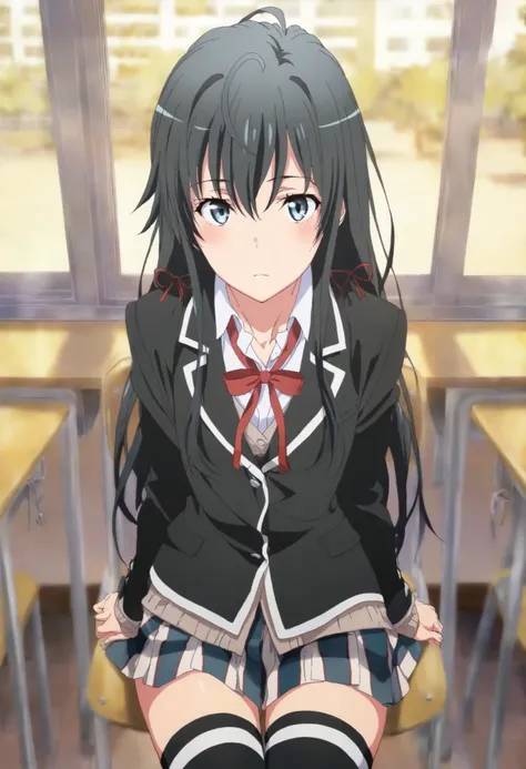 masterpiece, best quality, very detailed, , masterpiece, best quality, eyelashes, (Beautiful Eyes), cowboy shot, anime, Official Illustration, from above,,1girl, solo, standing yukinoshita yukino, blue eyes , black hair,,long hair, sobu high school unifo...