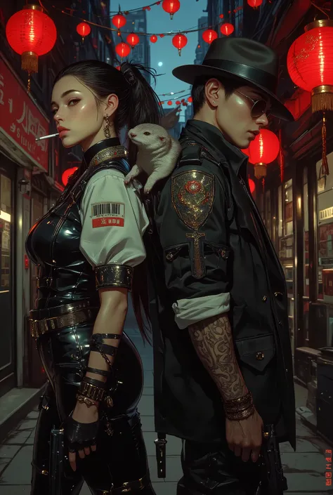 1 man 1 woman、At a dynamic angle、Fashionable Photo、looking at viewer、smile looking at the camera、A very beautiful, bewitching neutral beauty with bangs, short black hair, 18 years old, and a male detective with glittering armbands、Short-clawed otter that r...