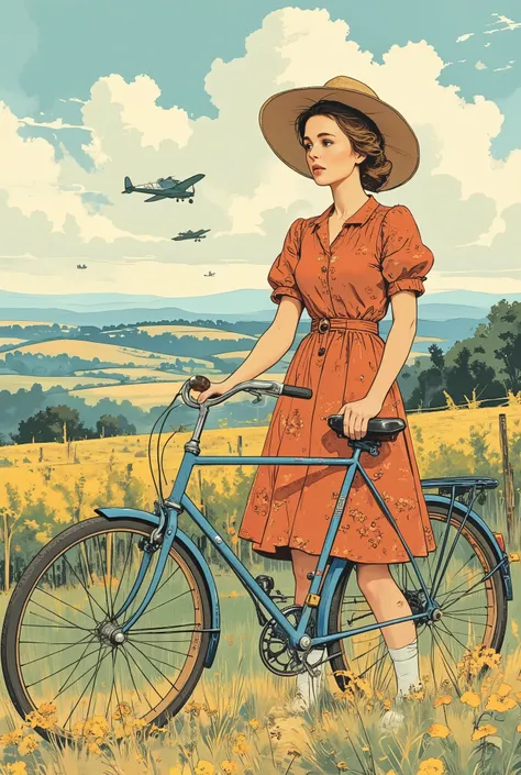 amazing watercolor ink painting illustration retro style, you can see、young woman wearing a female hat and red floral dress {x} standing next to a vintage blue bicycle, In the 40s. Strong winds. high in the sky with a remote background、mall German military...