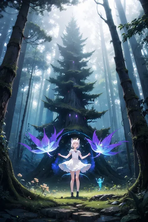 An anime-style illustration of a deeply mystical and surreal Spirit Forest, where ancient, glowing trees and otherworldly flora emanate an ethereal light. Distinct, luminous fairies are clearly visible throughout the scene, their forms shimmering with magical energy as they interact with the enchanted environment, adding to the profound sense of wonder and unreality. The forest itself remains the primary focus, with the fairies enhancing its magical depth.