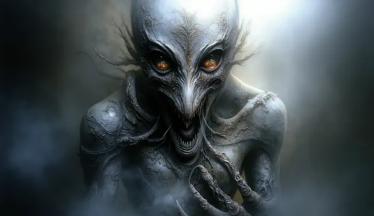 Eldritch entity, distorted face, tentacles coming out of the eyes and mouth, biomorphic body, darkness and fog background, high detail, masterpiece.