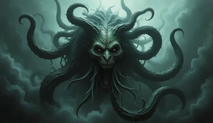 Eldritch entity, distorted face, tentacles coming out of the eyes and mouth, biomorphic body, darkness and fog background, high detail, masterpiece.