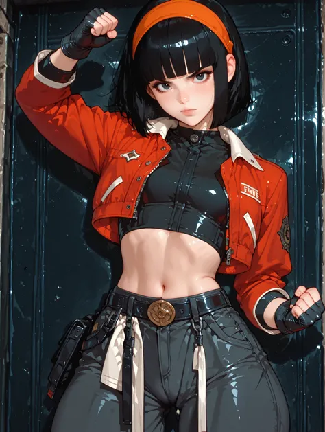One girl、masterpiece、top quality、uncensored、32k、masterpiece、full five fingers, pan xeno, short hair, bangs, black hair, gloves, navel, jacket, hairband, open clothes, black gloves, midriff, belt, pants, blunt bangs, black eyes, crop top, black shirt, red j...