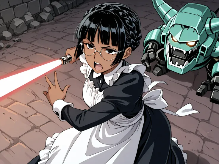 1 girl and robot, solo,beautiful girl,adult,18 years old,black eyes,narrow eyes,black hair,masterpiece,general,highres, ultra-detailed,very aesthetic,best quality,best hands,best eyes,perfect anatomy,anime coloring,easynegative,dark skin,BREAK,Victorian Ma...