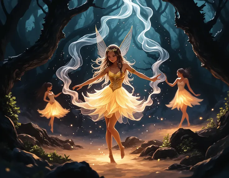 Fairies Dance Particles of Light Drift、Magical Forest Scenery 。Delicate Fairy Figures、Shining Tree々、Dancing Particles of Light、Mysterious Atmosphere。4K high quality、realistic texture、delicate detail、Mysterious Fantasy Art、digital illustration、high resoluti...