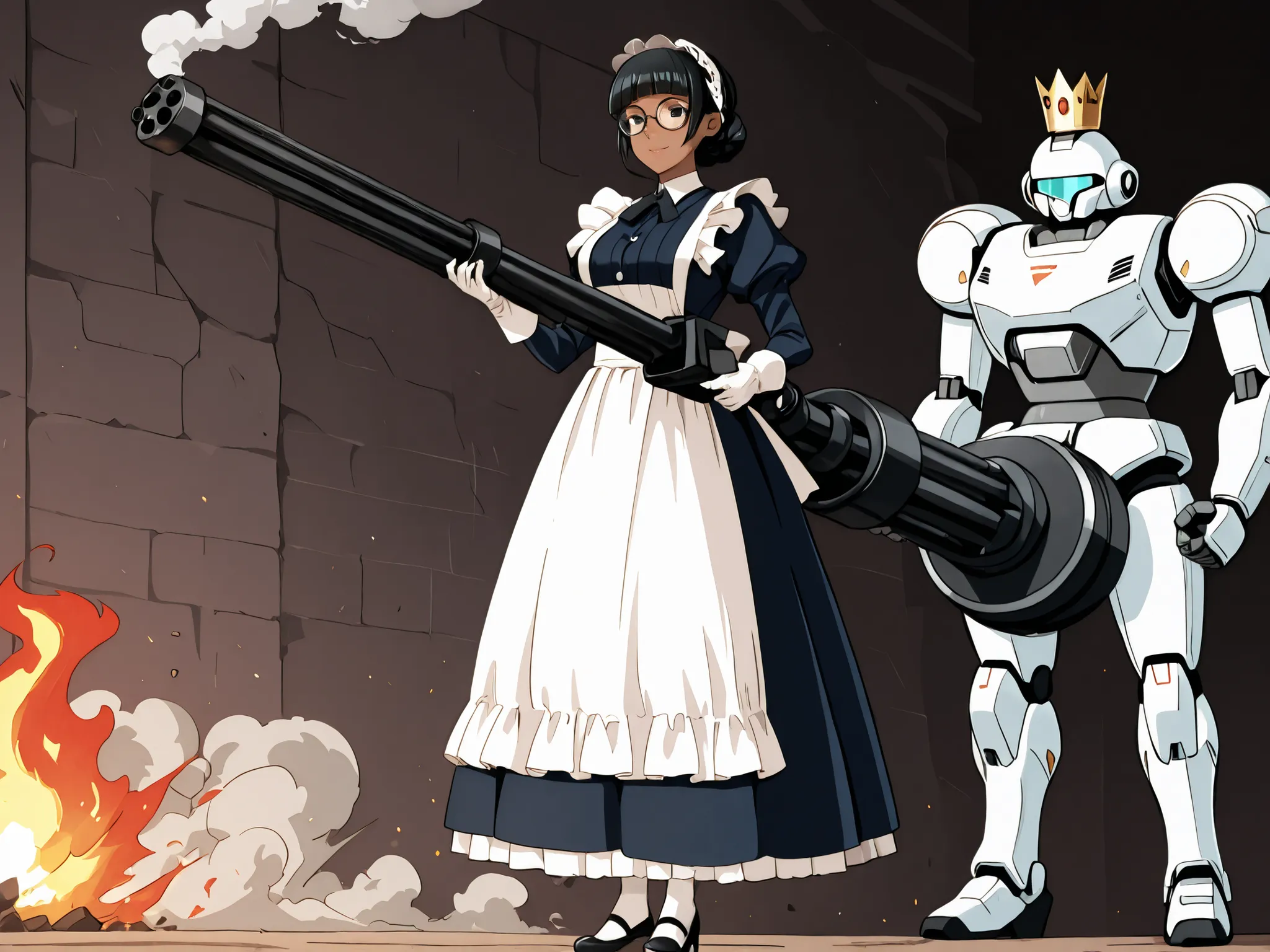 1girl and robot,beautiful girl,adult,18 years old,black eyes,black hair,masterpiece,general,highres, ultra-detailed,very aesthetic,best quality,best hands,best eyes,perfect anatomy,anime coloring,easynegative,dark skin,BREAK,Victorian Maid,sel-frame glasse...