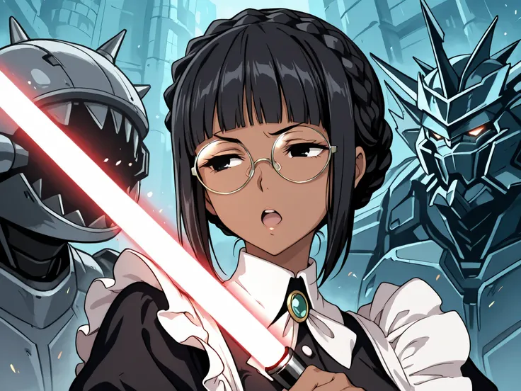 1 girl and robot, solo,beautiful girl,adult,18 years old,black eyes,narrow eyes,black hair,masterpiece,general,highres, ultra-detailed,very aesthetic,best quality,best hands,best eyes,perfect anatomy,anime coloring,easynegative,dark skin,BREAK,Victorian Ma...