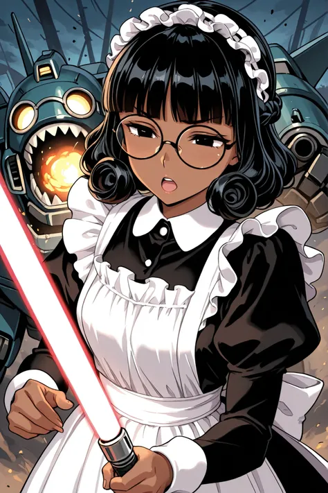 1 girl and robot, solo,beautiful girl,adult,18 years old,black eyes,narrow eyes,black hair,masterpiece,general,highres, ultra-detailed,very aesthetic,best quality,best hands,best eyes,perfect anatomy,anime coloring,easynegative,dark skin,BREAK,Victorian Ma...