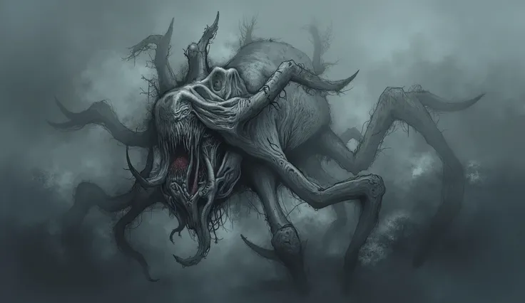 Eldritch entity, distorted face, tentacles coming out of the eyes and mouth, biomorphic body, darkness and fog background, high detail, masterpiece.