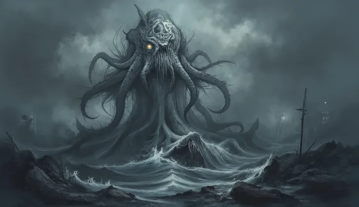 Cthulhu rising from dark waters, darkness and fog background, high detail, masterpiece.