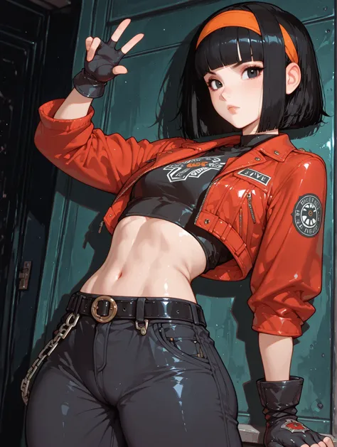 One girl、masterpiece、top quality、uncensored、32k、masterpiece、full five fingers, pan xeno, short hair, bangs, black hair, gloves, navel, jacket, hairband, open clothes, black gloves, midriff, belt, pants, blunt bangs, black eyes, crop top, black shirt, red j...