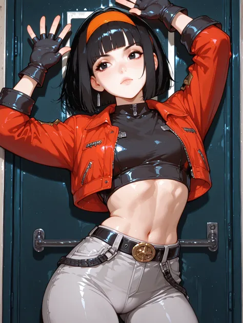 One girl、masterpiece、top quality、uncensored、32k、masterpiece、full five fingers, pan xeno, short hair, bangs, black hair, gloves, navel, jacket, hairband, open clothes, black gloves, midriff, belt, pants, blunt bangs, black eyes, crop top, black shirt, red j...