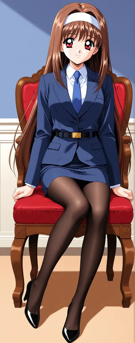  Yukijo Ruiho ,1 woman,solo,Brown Colored Hair,Very Long Hair,hair band,Red Eyes,1990s(style)、角井綾style、medium bust,black tights、wearing a navy blue suit,navy blue striped jacket,collared shirt,white shirt,Blue Necktie,belt,navy blue striped long pencil ski...