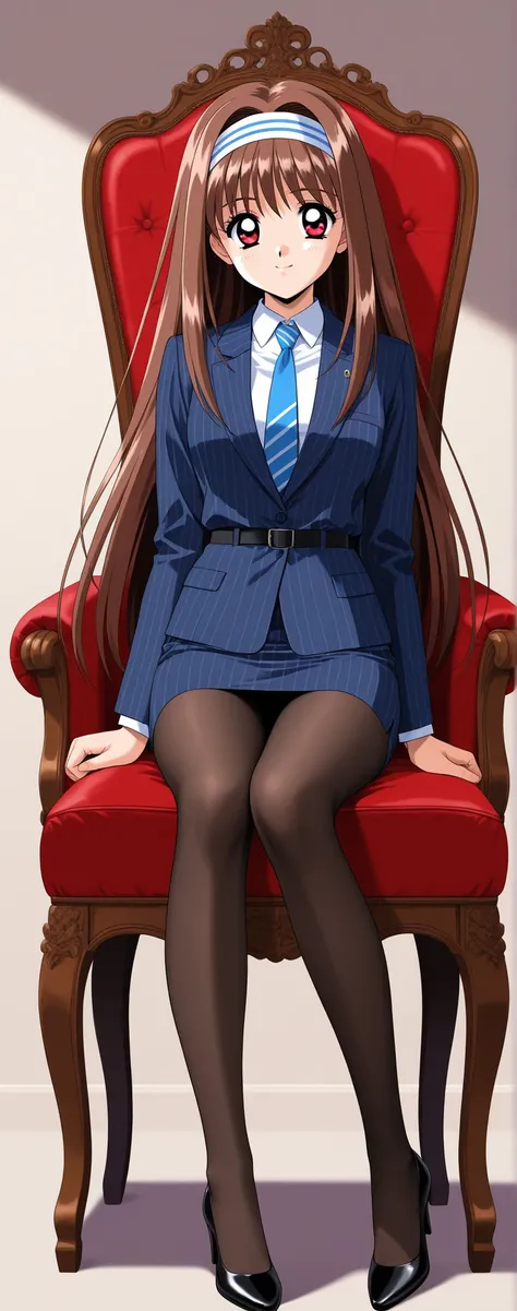  Yukijo Ruiho ,1 woman,solo,Brown Colored Hair,Very Long Hair,hair band,Red Eyes,1990s(style)、角井綾style、medium bust,black tights、wearing a navy blue suit,navy blue striped jacket,collared shirt,white shirt,Blue Necktie,belt,navy blue striped long pencil ski...