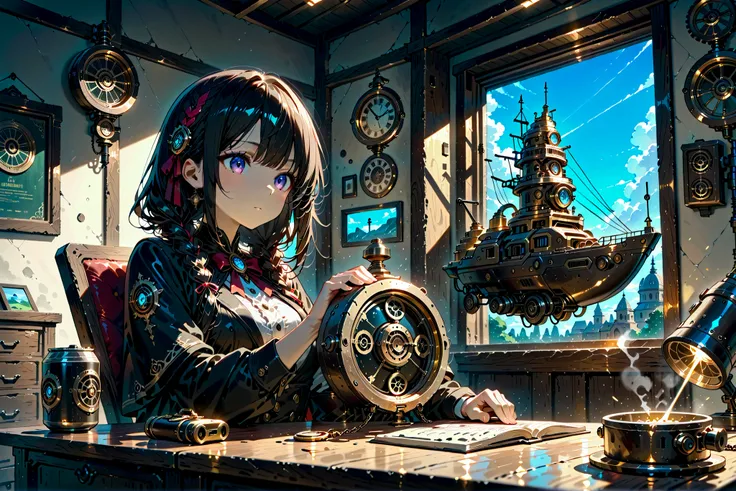 Setting (steampunk), a woman with braided black hair is tinkering with a machine, inside a mechanical building mainly powered by steam engines. There is a pocket watch on the desk. Outside the window, an airship can be seen.