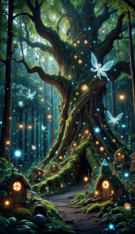 A big forest, fairy forest, dark green forest, big trees, fairy houses carved inside trunk, pointy houses of fairy, small houses for fairy, clam and dim lights inside house,  8k quality, high resolution, hyper realistic, little fairy flying across with spa...