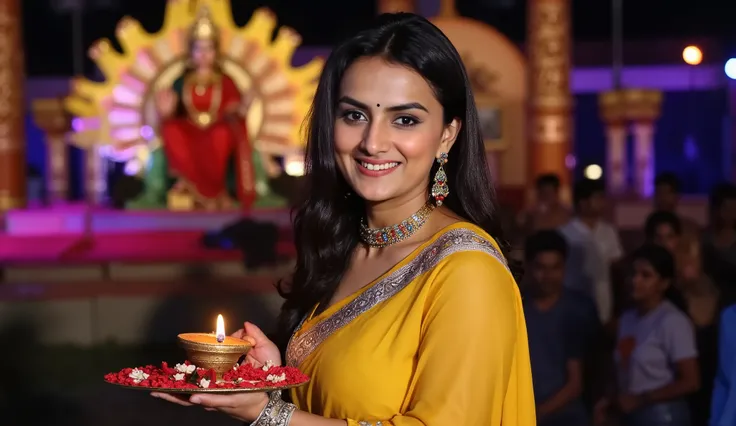 An Indian woman holding a decorated thaali (plate) with a lit diya, incense sticks, and flower petals, standing in front of a vibrant Shera Wali Mata (Durga Maa) Jaagran scene at night. She is wearing a mustard yellow traditional lehenga with intricate emb...