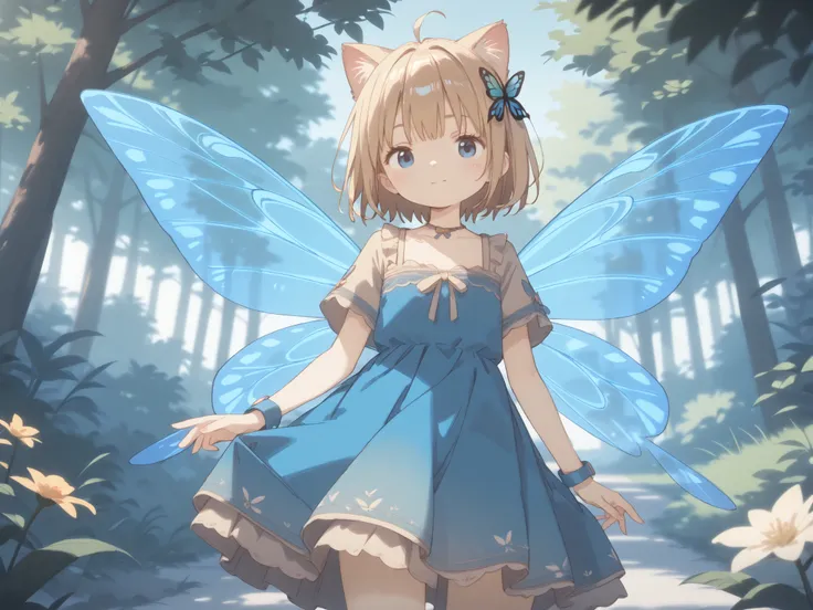 (masterpiece),(top quality),high score,hi-res,incredibly absurdres,Anime screencap,pastel color,Anime,、1 girl、、Juvenile body、face、Cat ears、cat tail、、 immature body、flat chest、Tranquil Forest、virgin forest、Butterfly Wings Ornament、Fluffy Dress、Fairy、Spirit