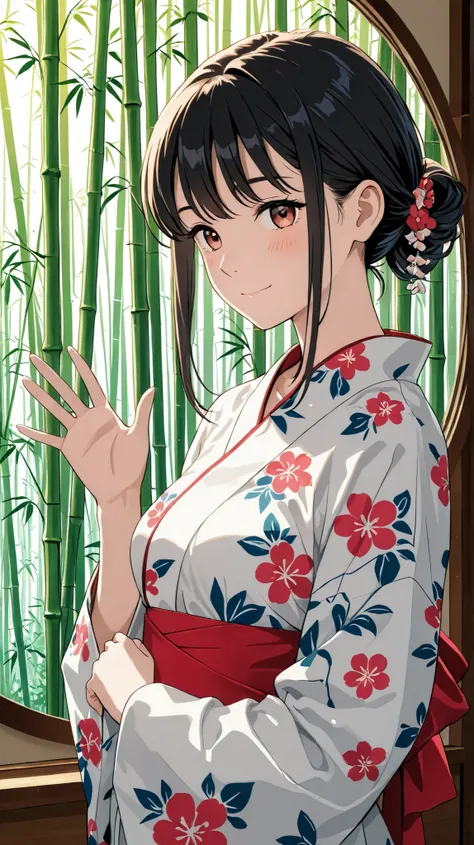 Woman in kimono waving、from a round window　small beautiful breasts　garden　bamboo forest　upper body　