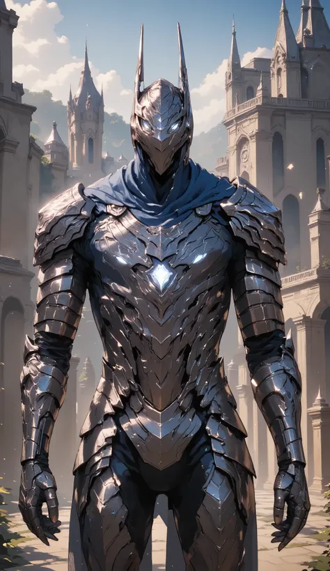 Iron man, silver and Blue, mark 1, knight armor, mechanical knight armor, medieval and futuristic blend