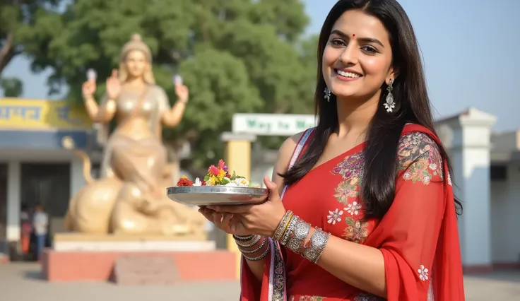 A beautiful Indian woman standing near the grand statue of Shera Waali Mata at a temple during daytime. She is dressed in a vibrant Rajasthani-style traditional outfit with colorful dupatta, silver bangles, and joyful expression. She is holding a decorated...
