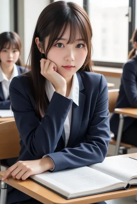 Japanese High School Girl、I'm wearing a school uniform with a dark blue blazer、Sitting at a desk in the classroom、He is resting his chin on his hand and leaning on one elbow.、eyes closed、My mouth is slightly open、右手には♯シャーペンを持っている、Textbooks are open and placed on the desk、The background is a scene during class with other students、soft light shines through a window、