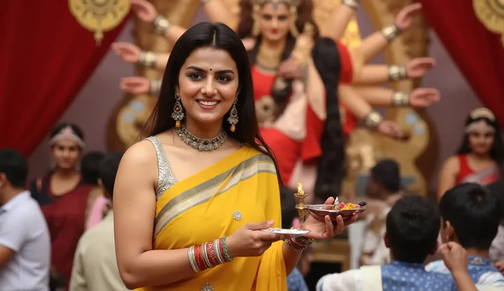 A beautiful Indian woman in a yellow traditional saree with elegant jewelry and bangles is holding a decorated aarti thali with a lit diya and incense sticks. She is smiling gently while performing aarti. In the background, a grand and colorful Durga Puja ...