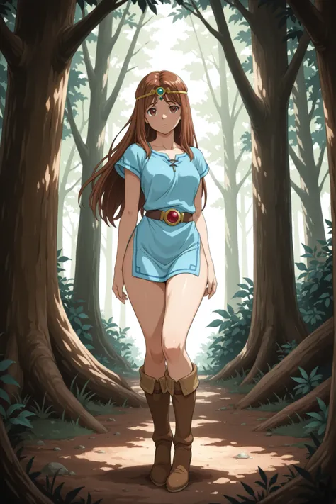 A woman with long brown hair, wearing a circlet, short tunic and tall hide boots, lifting her tunic to expose her bare hips and pubis, in a magical forest, natural lighting, NSFW, in full view in a highly detailed anime style