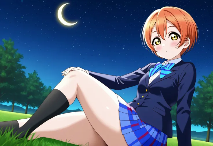1girl, hoshizora rin, striped, short hair, blush, otonokizaka school uniform, lovelive_rin black blazer, blue plaid skirt, blue stripe bowtie, orange hair, very short hair, hair between eyes, yellow green eyes,thick thighs,knee up,crescent moon, stars (sky...