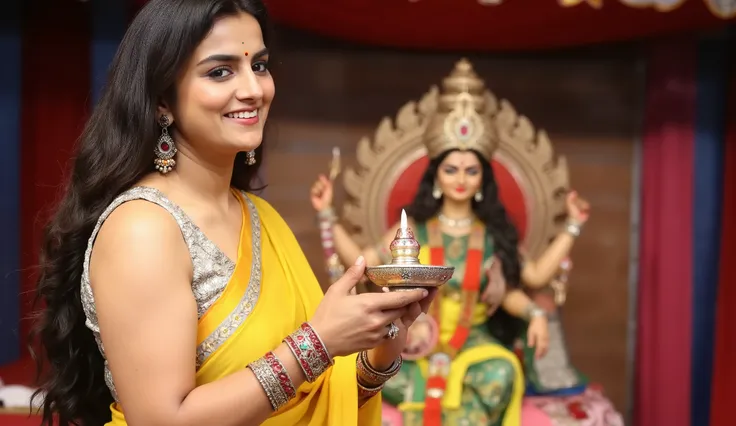 A beautiful Indian woman in a yellow traditional saree with elegant jewelry and bangles is holding a decorated aarti thali with a lit diya and incense sticks. She is smiling gently while performing aarti. In the background, a grand and colorful Durga Puja ...