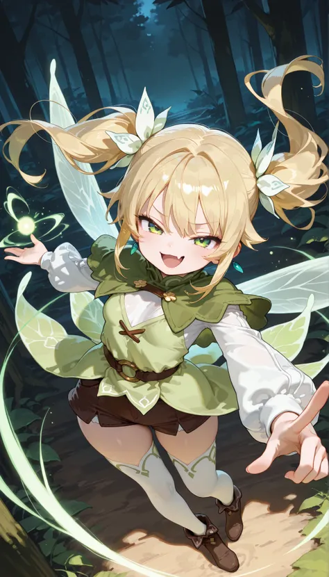 masterpiece, best quality, amazing quality, very aesthetic, high resolution, ultra-detailed, absurdres, 1girl, small_breasts, blonde_hair, green_eyes, long_hair, green_dress, layered_clothes, shorts, capelet, brown_shorts, zettai_ryouiki, skin_fang, long_s...