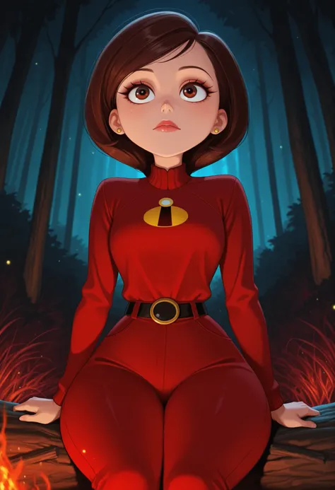 Helen Parr ,  female, medium hair, Bob_cut, brown hair, brown eyes, big eyes, long eyelashes, medium , narrow waist, thick thighs, huge hips, fair skin, thin hands, earrings, makeup, pink lips, lipstick.|  score_9, score_8_up, score_7_up, dark forest backg...