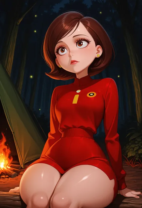 Helen Parr ,  female, medium hair, Bob_cut, brown hair, brown eyes, big eyes, long eyelashes, medium , narrow waist, thick thighs, huge hips, fair skin, thin hands, earrings, makeup, pink lips, lipstick.|  score_9, score_8_up, score_7_up, dark forest backg...