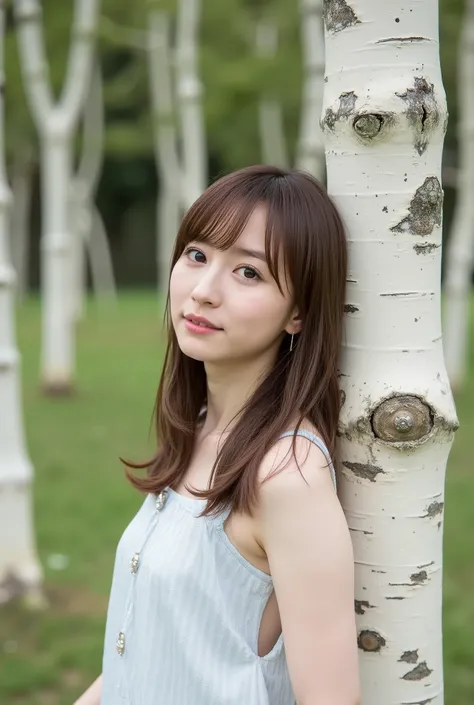 Create a realistic photograph of a beautiful Japanese female idol portrait. She should have a slender body, small bust, and thin legs, with medium-length hair. The outfit should reflect a fresh and elegant early summer coordination. The scene is a gravure ...