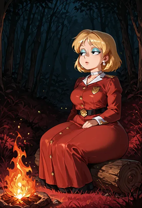  Loud. medium breasts, huge hips, blonde hair, black eyes, blue eyeshadow, pearl earrings, white earrings. choker.| score_9, score_8_up, score_7_up, dark forest background, night, dark forest, source_anime, scenery, (dark background:1.2), no eyes, red flor...