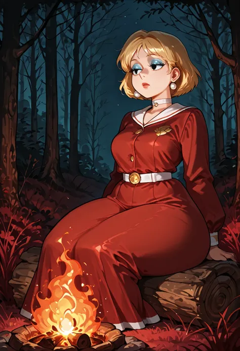  Loud. medium breasts, huge hips, blonde hair, black eyes, blue eyeshadow, pearl earrings, white earrings. choker.| score_9, score_8_up, score_7_up, dark forest background, night, dark forest, source_anime, scenery, (dark background:1.2), no eyes, red flor...