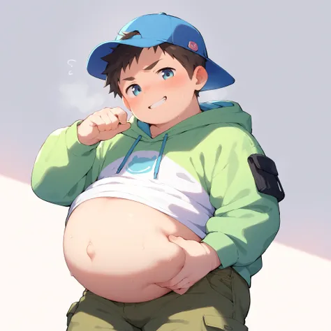 anime style, 1boy, solo, only, pregnant male, cute, grin, black hair color, brown hair, hoodie, cargo pants, very suggestive position, standing, face blushed, embarrassed, (sweating), (obese body), very suggestive position, grab his big pregnant belly, ba...