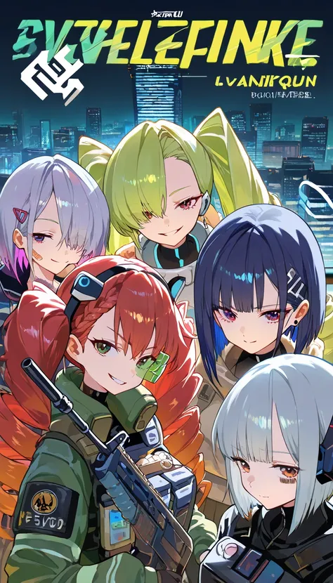 (beautiful girl : 1.3),4 girls taken,(protective clothing,scouter,headgear,earrings,Hold up an assault rifle),blonde,dark haired, Silver Hair,Red hair,Blue hair, green hair,peach hair,purple hair,Orange Hair,ponytails,bob cut,twin tails,long hair,bun hair,wave hair,サイドponytails,braids,Drill Hair,VERY SHORT HAIR,Bowl Cut,Forehead,Hair Over One Eye,Smile Yan,reckless attitude,evil expression,provocative attitude,Keen Eyes,barcode tattoo on cheek,cyberpunk,Night Neon Street,rooftop,overlooking the city,masterpiece,top quality,Rich Contrasts,High Definition,8k,high definition CG unit wallpaper,Textures,unbelievably absurd,RAW pictures,Deep Border 1 .2,very detailed