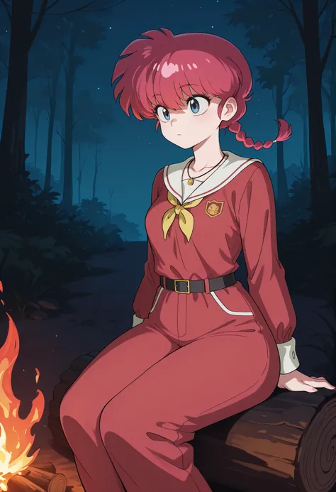 safe_pos, Ranma Saotome. red hair. pigtail. blue eyes. braid. small breasts. huge hips. necklace. black eyeliner. pink manicure. |  score_9, score_8_up, score_7_up, dark forest background, night, dark forest, source_anime, scenery, (dark background:1.2), n...